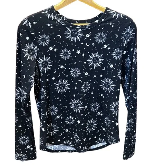 Celestial Sun Moon Stars Black Shirt Ribbed Top Whimsigoth Witchy Size XL - Picture 4 of 8